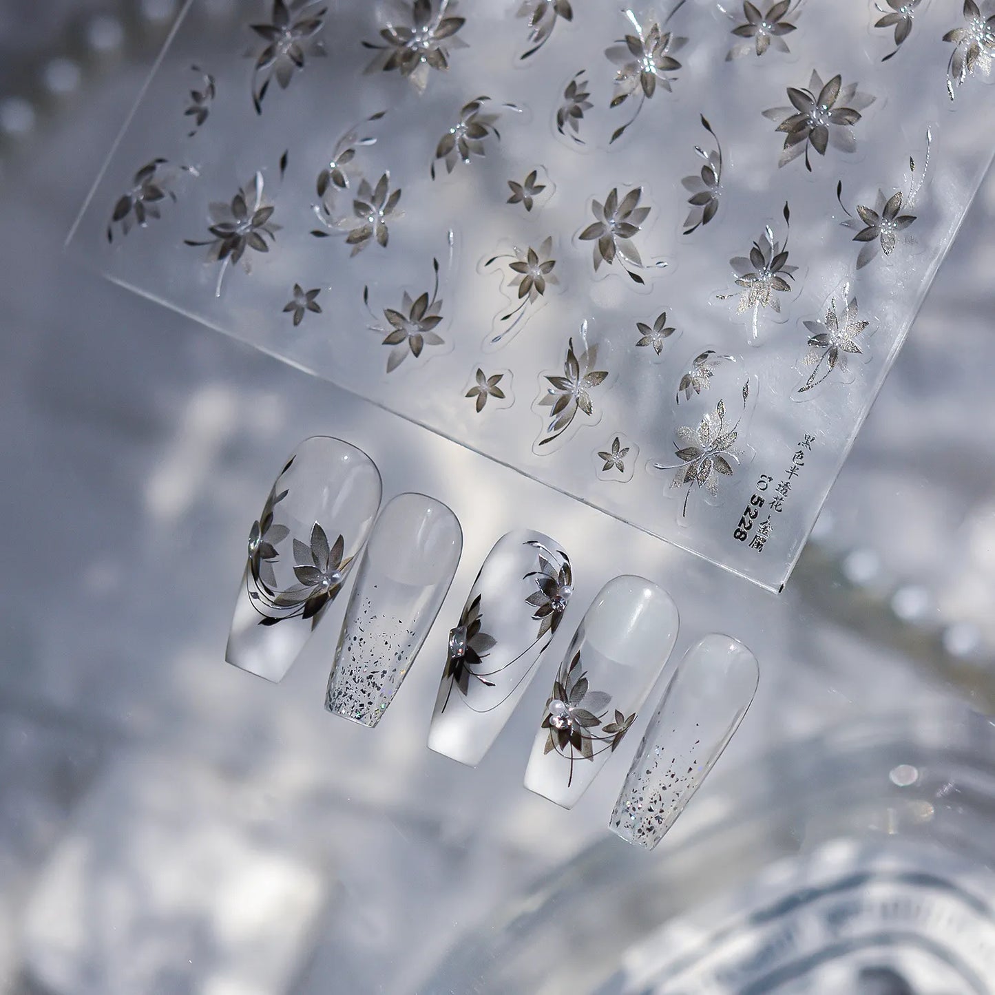 Elegant Sheer Floral Nail Stickers with Metallic Accents