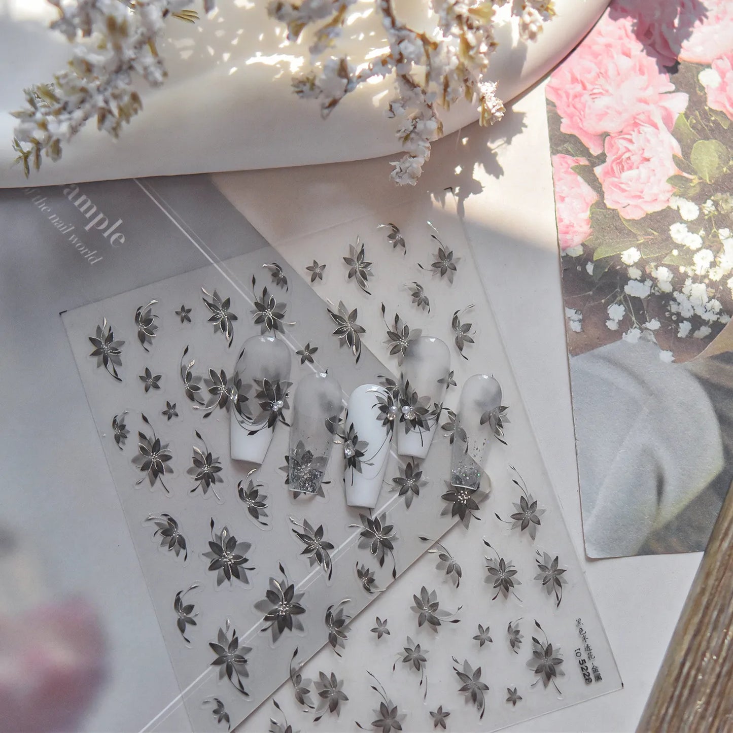 Elegant Sheer Floral Nail Stickers with Metallic Accents