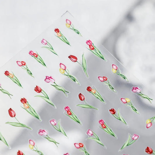 Elegant Watercolor Tulip Nail Stickers | Red & Pink Spring Floral Nail Art Decals TS627