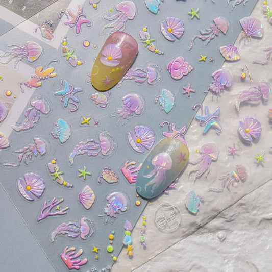 Fairy Ocean 5D Nail Stickers – Dreamy Jellyfish, Shells & Magic Charms