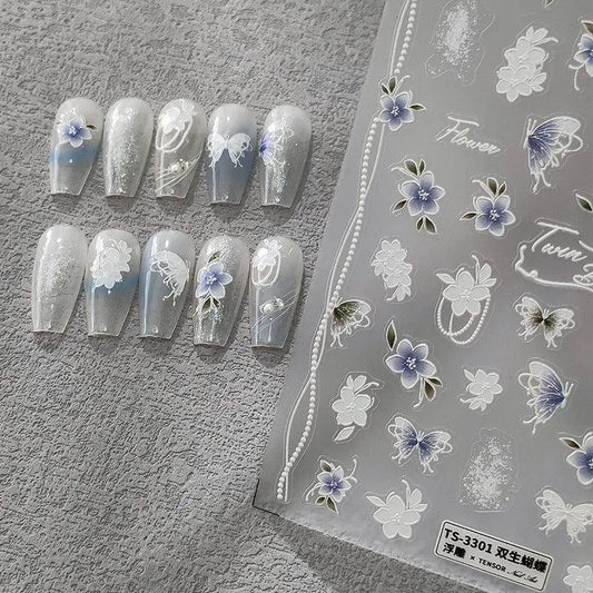 Floral Butterfly Nail Art Stickers 5D Flowers Beads Adhesive Slider Sticker Decals TS3300