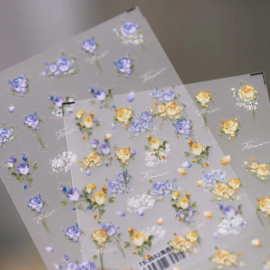 Floral Nail Art Stickers Adhesive Slider Yellow Blue Rose Sticker Decals TS3651