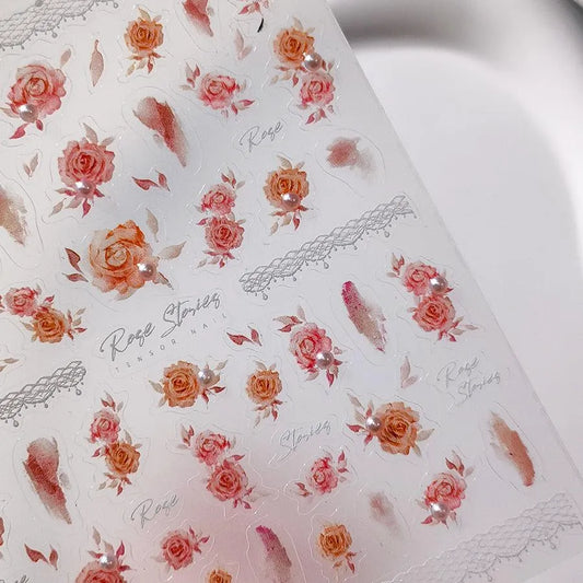 Flower Nail Art Stickers Adhesive Rose with Beads Sticker Decals TL120