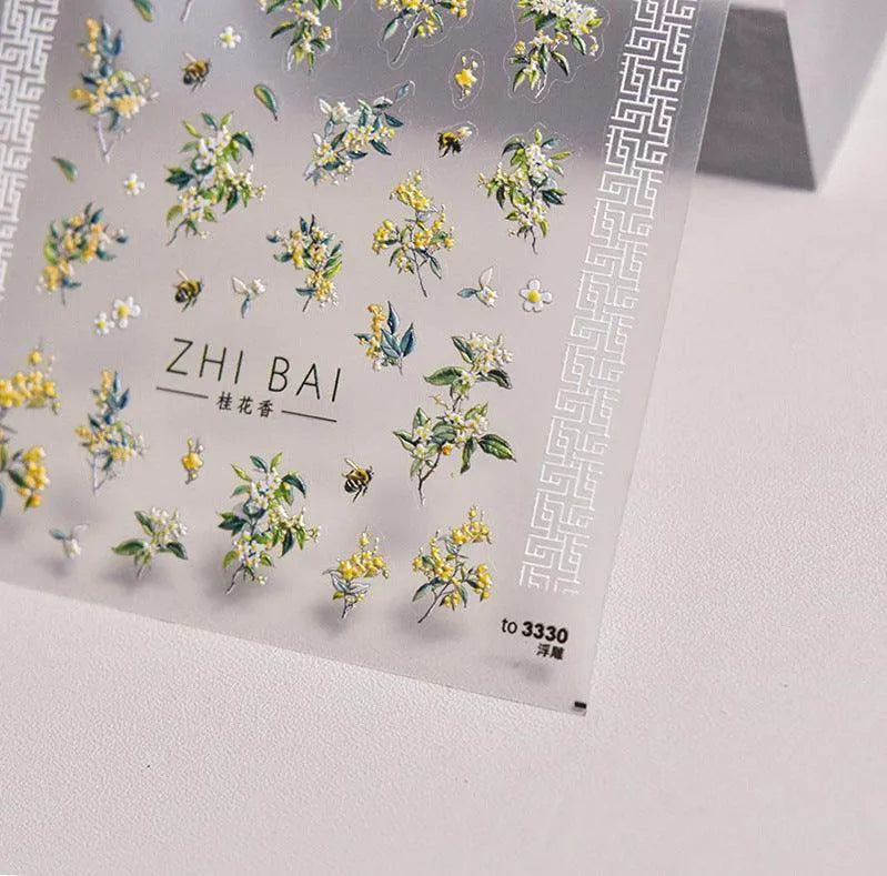 Flower Tree Nail Art Stickers Adhesive Embossed Osmanthus Flower Sticker Decals