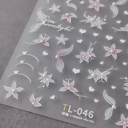 Flower With Pearl Nail Art Stickers 3D Floral Adhesive Sliders Sticker Decals TL046