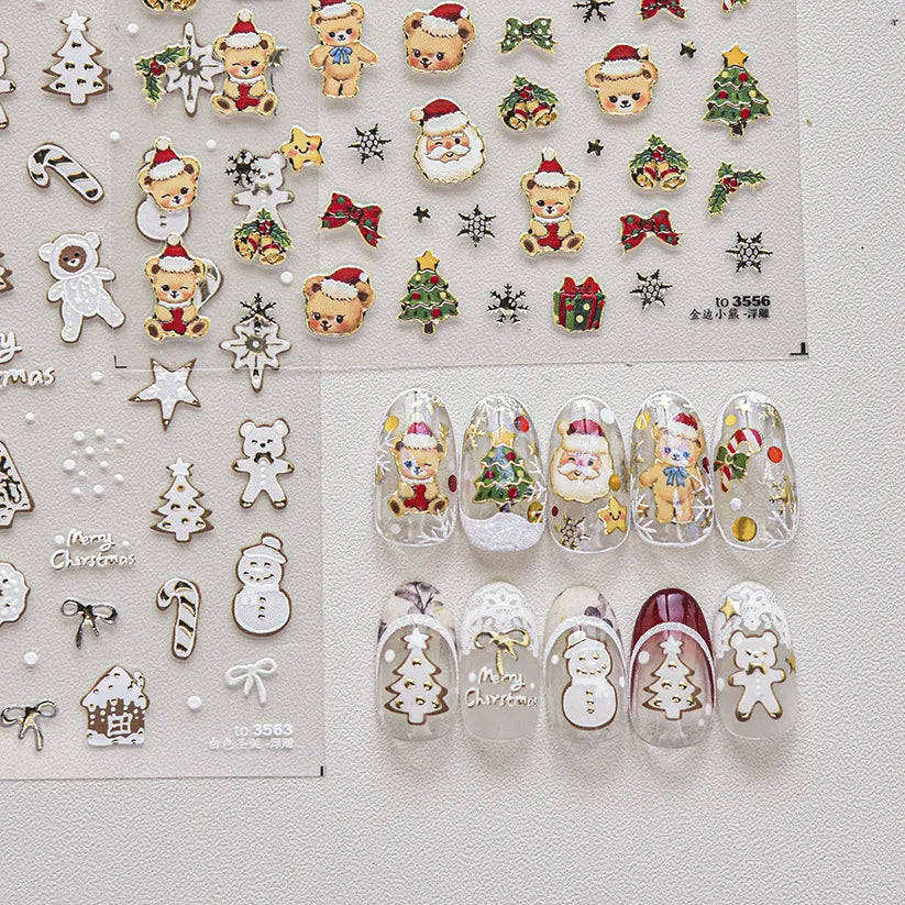 Gingerbread Nail Art Stickers Adhesive Embossed Christmas Snowman Sticker Decals to3556