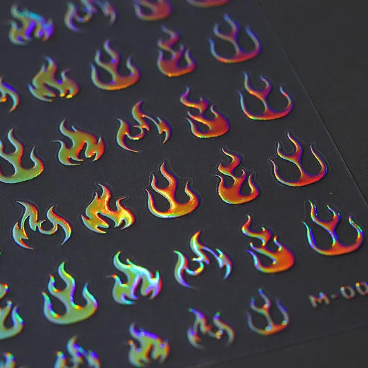 Gold Flame Nail Art Stickers Adhesive Slider Metal Colors Sticker Decals Gold Silver Fire M002
