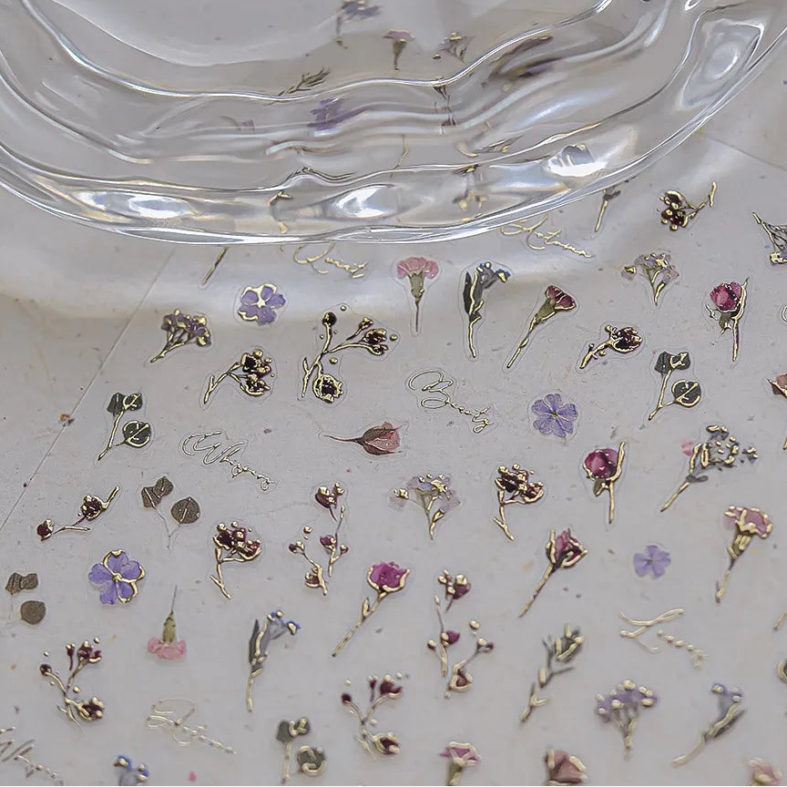 Gold Foil 5D Floral Nail Stickers - Embossed Dried Flower & Botanical Decals