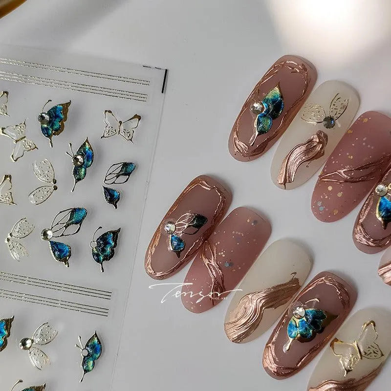 Gold Green Butterfly Wings Nail Art Stickers Adhesive Embossed Sticker Decals