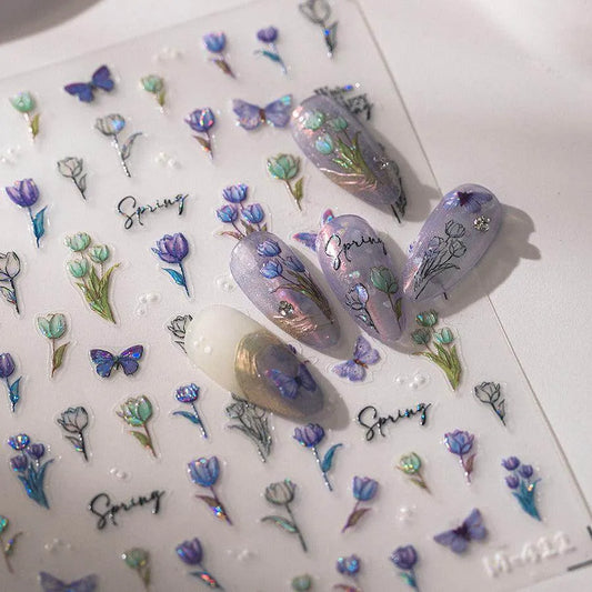 Gold Outline Butterfly Nail Art Stickers Adhesive Tulip Flowers Embossed Sticker Decals M411
