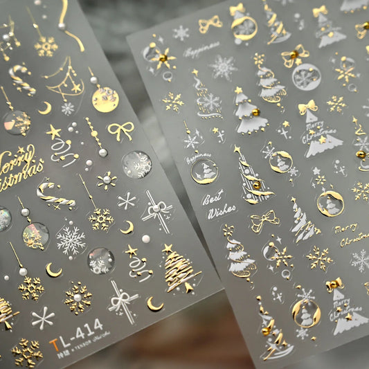 Gold Silver Christmas Nail Art Stickers - Xmas Ball Tree Snowman Festive Decals
