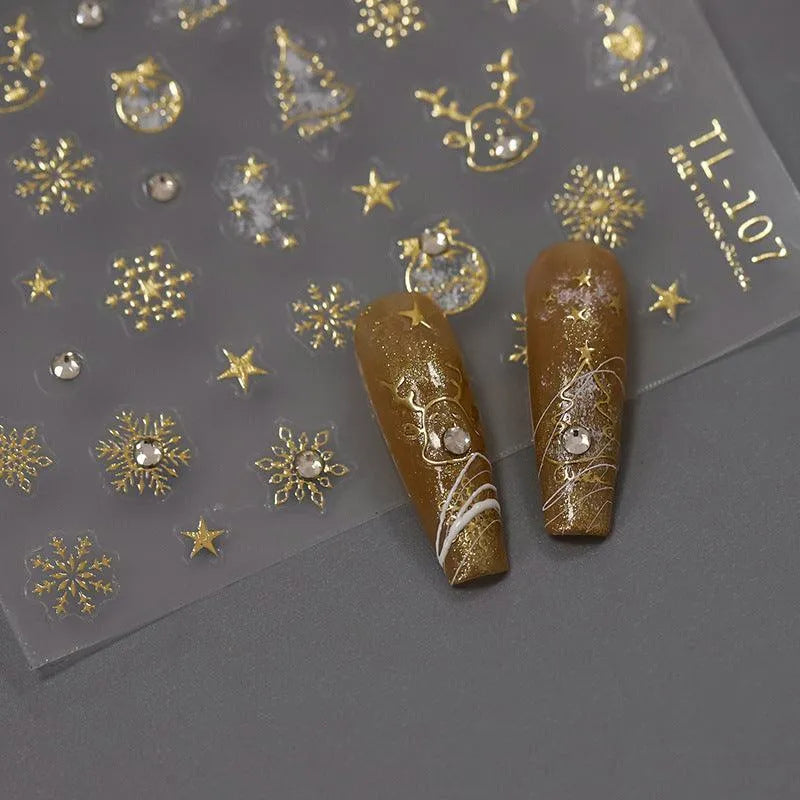 Gold Snowflake Nail Art Stickers Adhesive Slider Golden Xmas with Beads Sticker Decals TL107