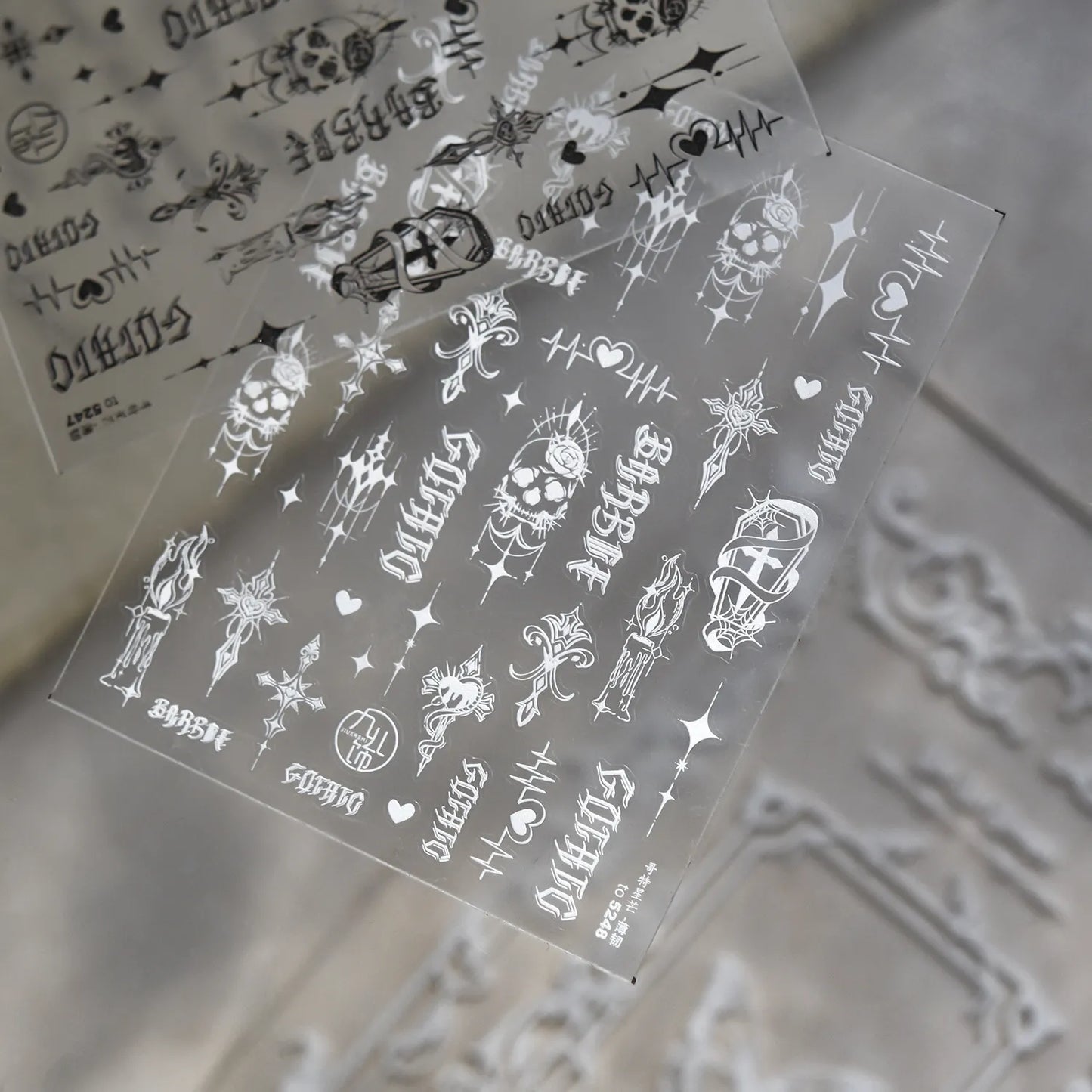 Gothic Halloween Nail Art Stickers - Edgy Skull, Cross & Old English Font Decals