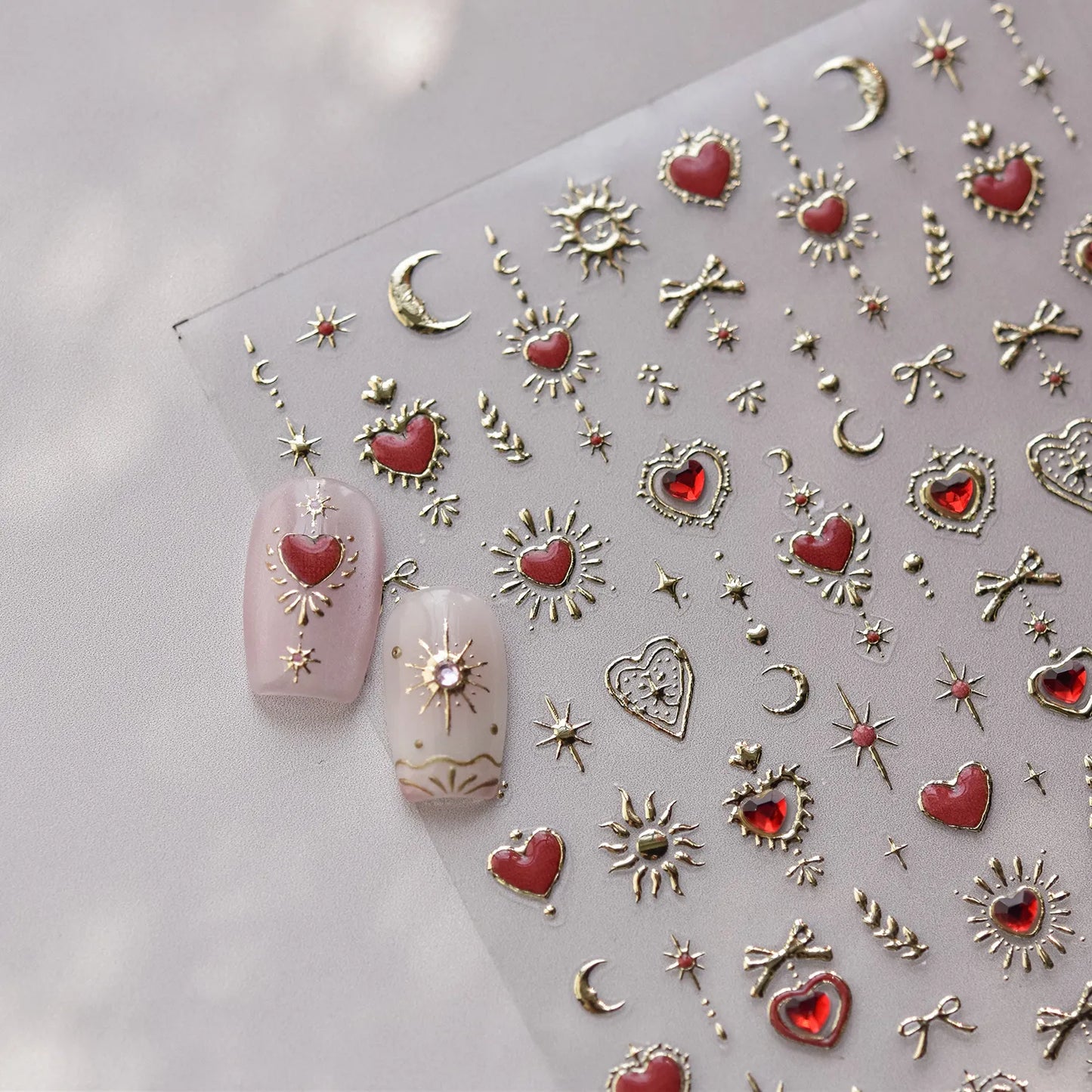 Gothic Sacred Heart 5D Nail Stickers | Celestial Sun & Moon Metallic Nail Art