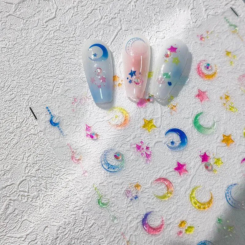 Gradient Moon Nail Art Stickers Adhesive Sliders Jelly Star Embossed Sticker Decals TL043