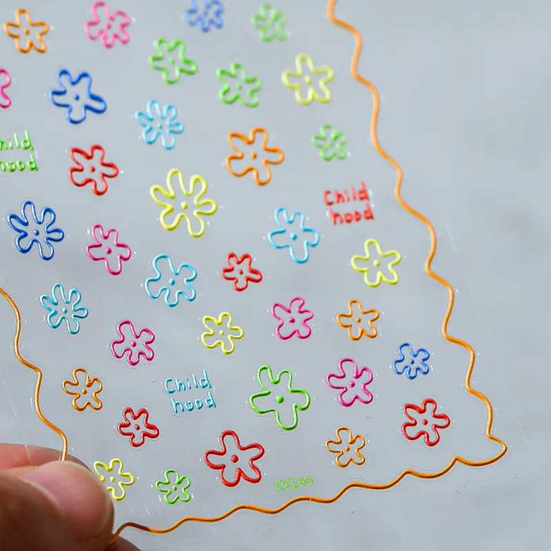 Doodle Floral Outline Nail Art Stickers Adhesive Embossed Matte Line Flower Sticker Decals KX244