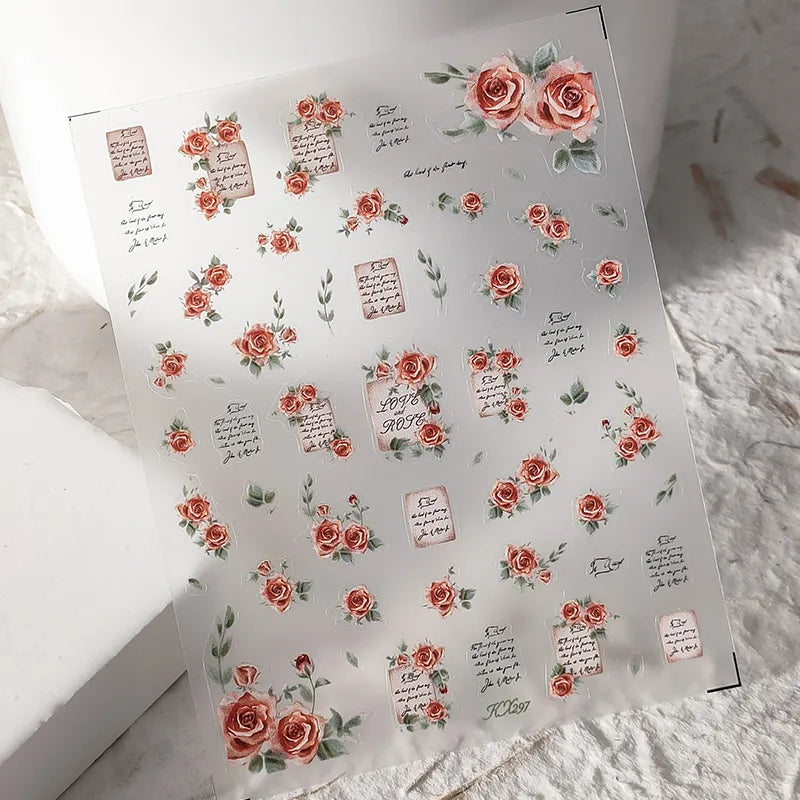 Vintage Letter Roses Nail Art Stickers Adhesive Embossed Rose Flowers Sticker Decals KX297