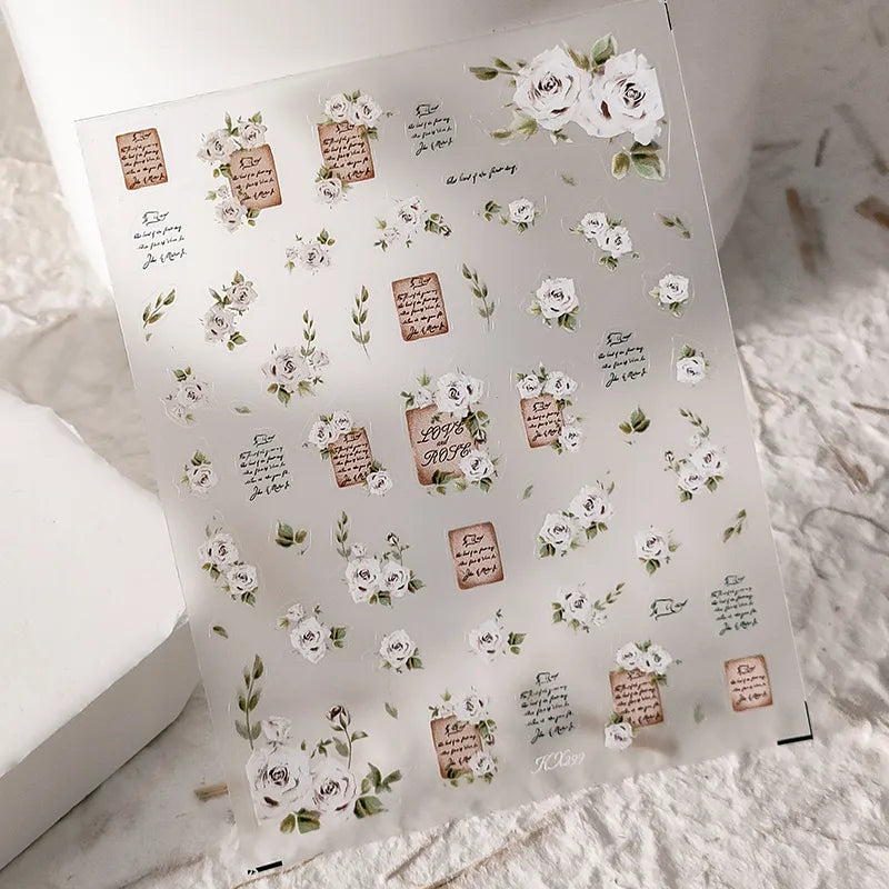 Vintage Letter Roses Nail Art Stickers Adhesive Embossed Rose Flowers Sticker Decals KX299