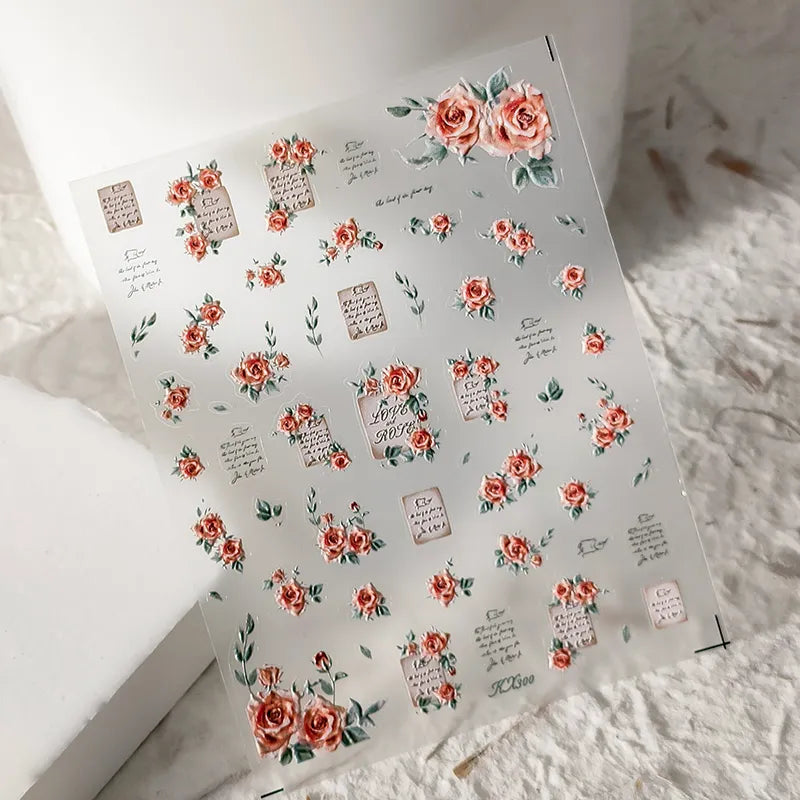 Vintage Letter Roses Nail Art Stickers Adhesive Embossed Rose Flowers Sticker Decals KX300 embossed