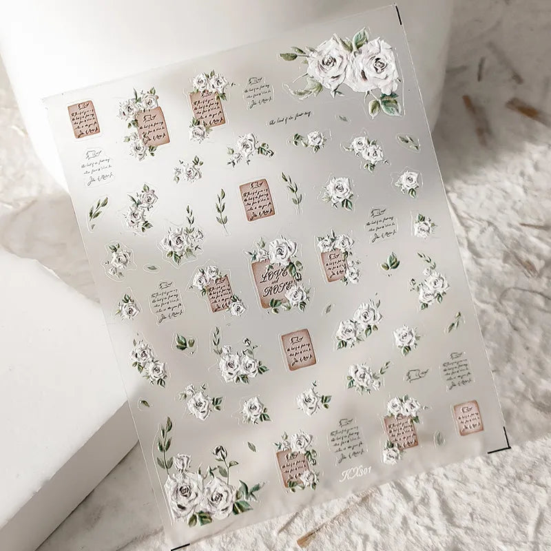 Vintage Letter Roses Nail Art Stickers Adhesive Embossed Rose Flowers Sticker Decals KX301 embossed