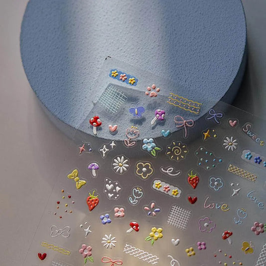 Kawaii Animals Nail Art Stickers Adhesive Embossed Flower Bow Sticker Decals to3842