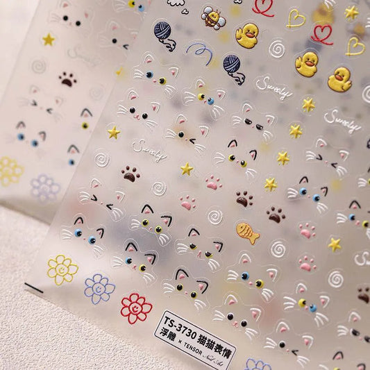 Kitten Nail Art Stickers Cute Cat Adhesive Embossed Sticker Decals TS3729