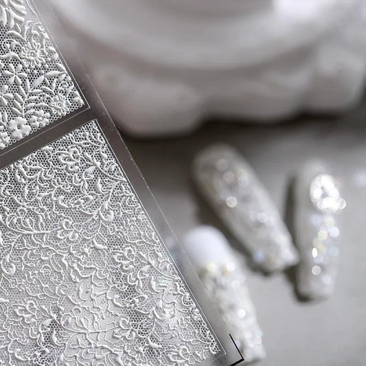 Lace Flower Nail Art Stickers Adhesive Embossed Vintage White Lace Sticker Decals