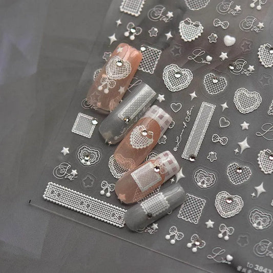 Lace Heart Nail Art Stickers Hollow White Lace Bow Adhesive Embossed Sticker Decals