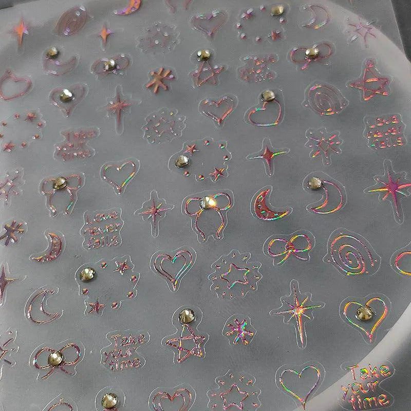 Laser Pink Star Nail Art Stickers Adhesive Sliders Moon Heart With Rhinestone Sticker Decals TL090