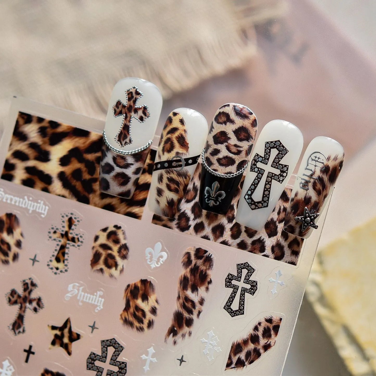 Leopard Print Nail Stickers - Y2K Punk Cross Skull DIY Decals