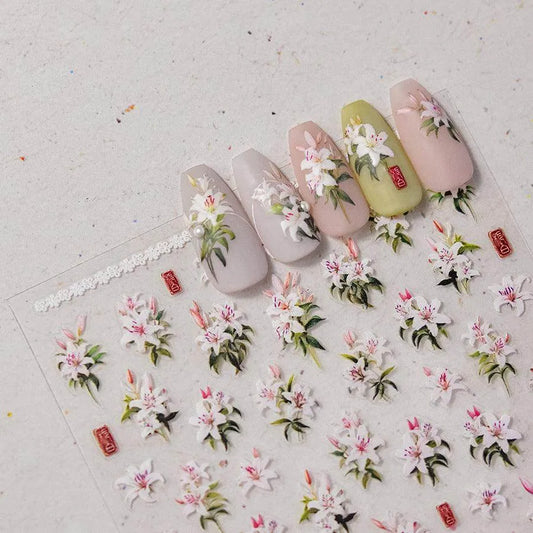 Lily Flower Nail Art Stickers Adhesive Embossed Pink Lily Sticker Decals