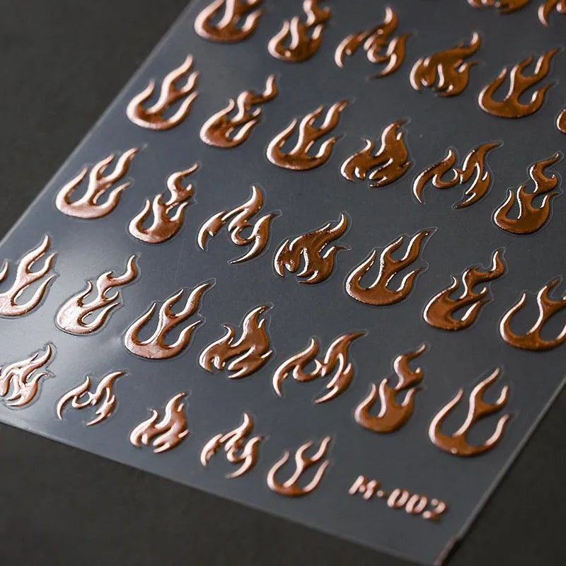 Gold Flame Nail Art Stickers Adhesive Slider Metal Colors Sticker Decals Gold Silver Fire M002 rose gold