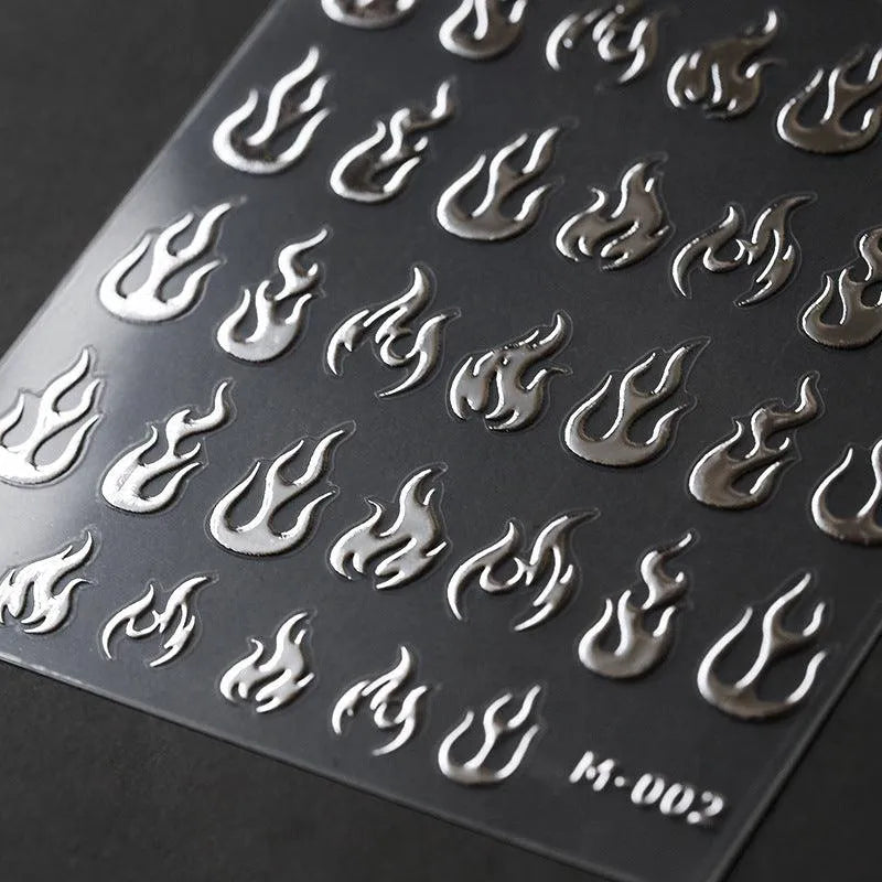Gold Flame Nail Art Stickers Adhesive Slider Metal Colors Sticker Decals Gold Silver Fire M002 silver