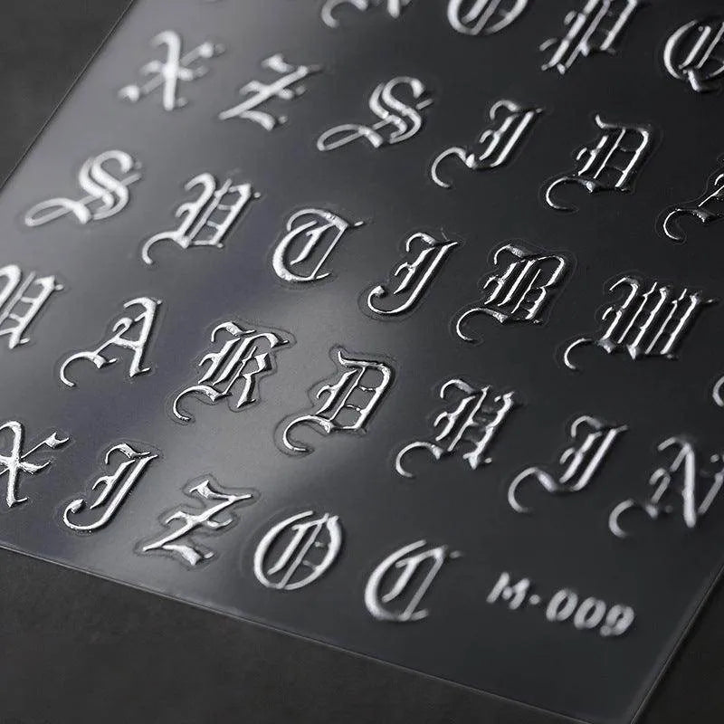 Laser Gothic Initials Nail Art Stickers Adhesive Slider Metal Letters Sticker Decals M009 Silver