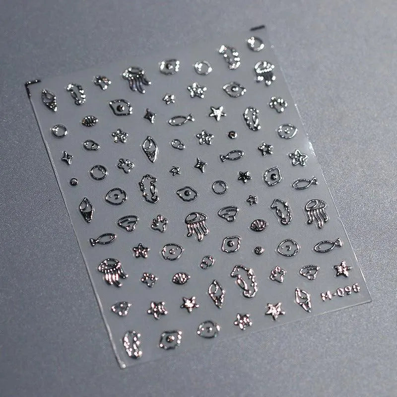 Metal Colors Sea Life Nail Art Stickers Adhesive Gold Silver Jellyfish Seahorses Sticker Decals M096 silver