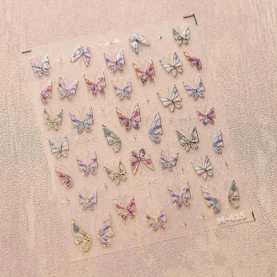 Gold Outline Butterfly Nail Art Stickers Adhesive Tulip Flowers Embossed Sticker Decals M415