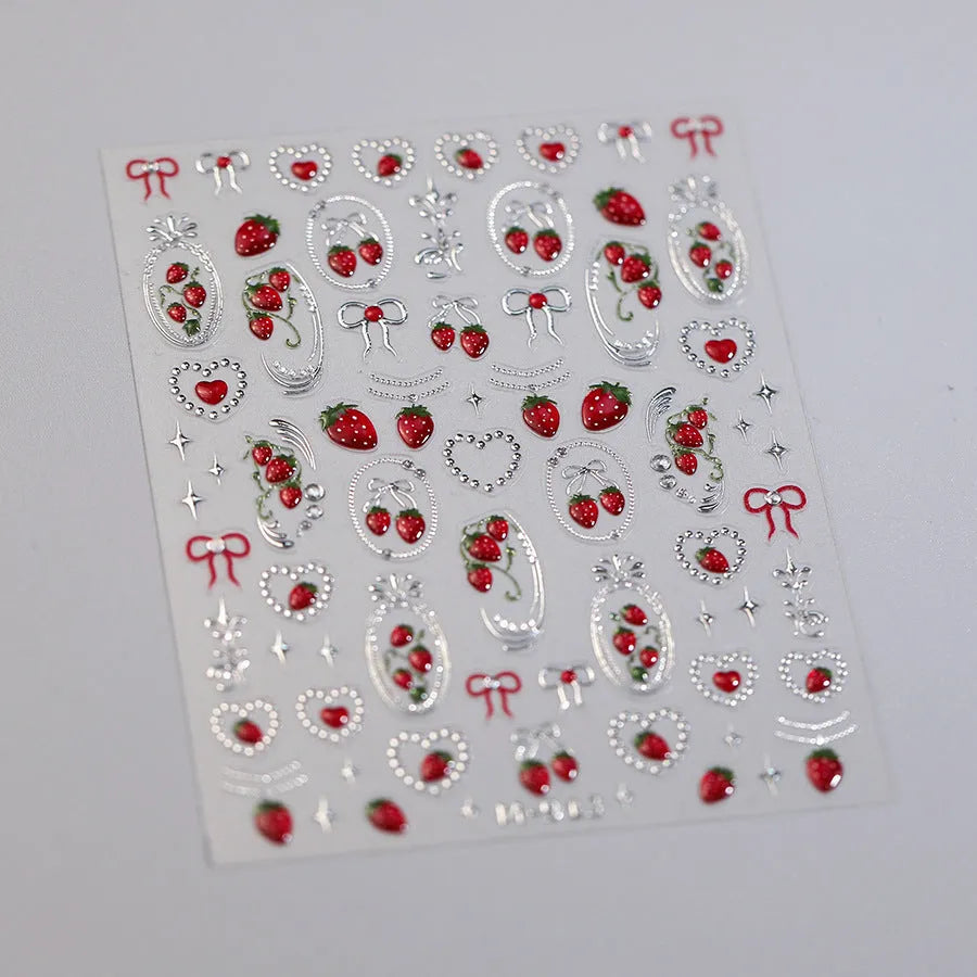 Strawberry Cherry Nail Art Stickers Metal Silver Colors Adhesive Embossed Sticker Decals M913