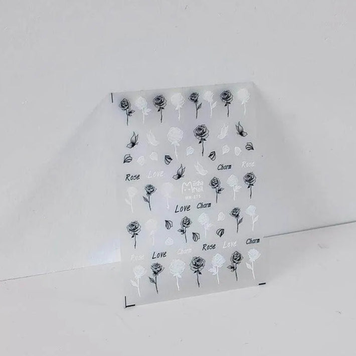Black Rose Flower Nail Art Stickers Adhesive Slider Embossed White Rose Flower Sticker Decals MN175