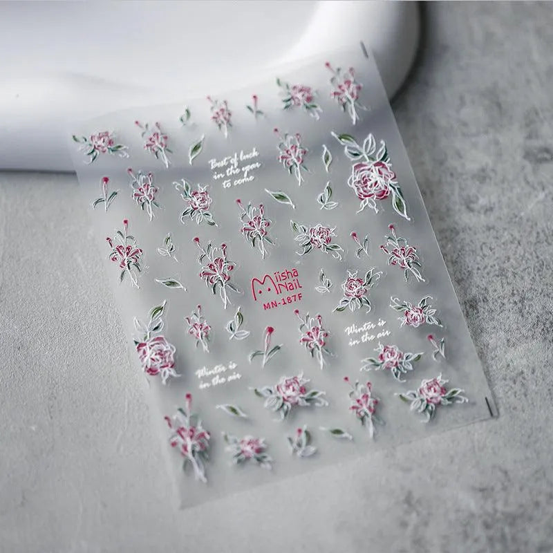 Floral Nail Art Stickers Adhesive Slider Flower Leaf Sticker Decals MN187F embossed