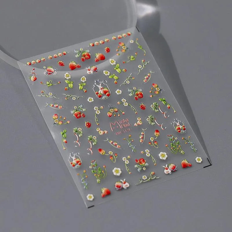Strawberry Nail Art Stickers Adhesive Slider 3D Strawberry Flower Sticker Decals MN312 embossed