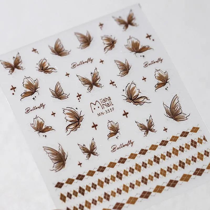 Brown Butterfly Nail Art Stickers 3D Adhesive Butterfly Sticker Decals MN355