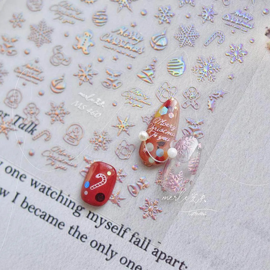 Metal Snowflake Nail Art Stickers Adhesive Embossed Laser Snowman Sticker Decals MS460 Laser Pink