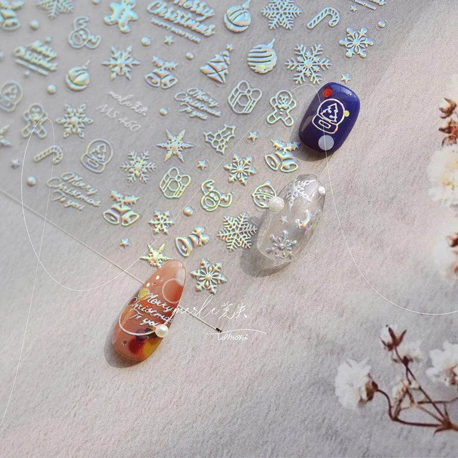 Metal Snowflake Nail Art Stickers Adhesive Embossed Laser Snowman Sticker Decals MS460 Laser Silver
