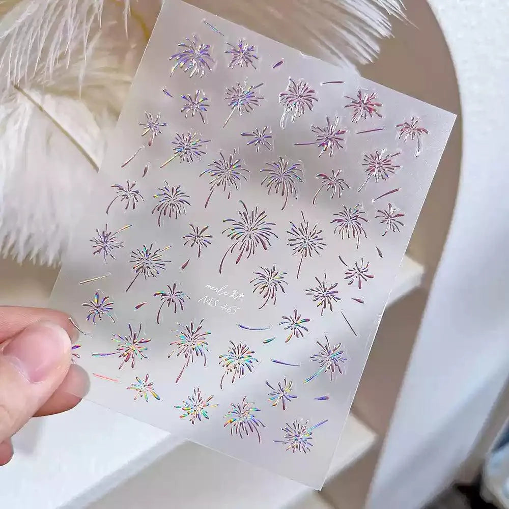 Firework Nail Art Stickers Adhesive Happy New Year Fireworks Embossed Sticker Decals MS465 Laser Pink