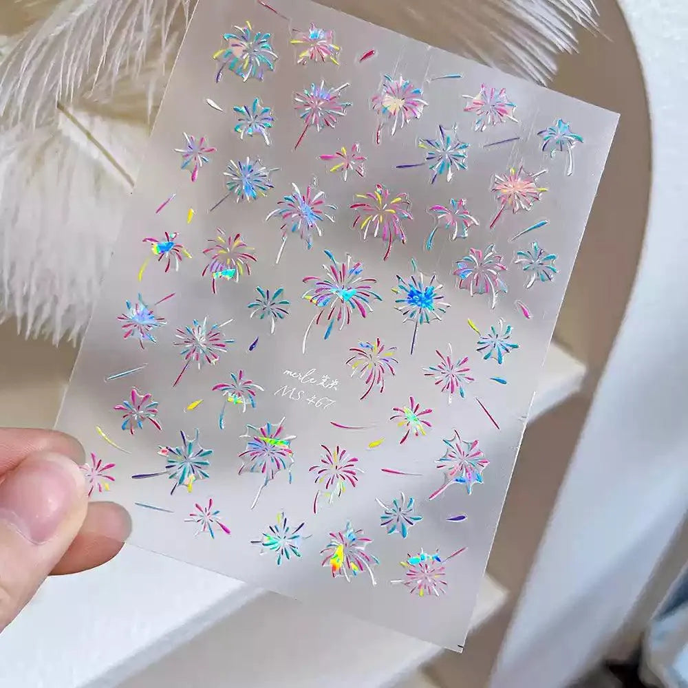 Firework Nail Art Stickers Adhesive Happy New Year Fireworks Embossed Sticker Decals MS467 Shell Light