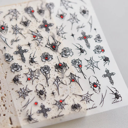 3D Gothic Spider Nail Stickers | Dark Romance Rose & Cross Rhinestone Nail Decals