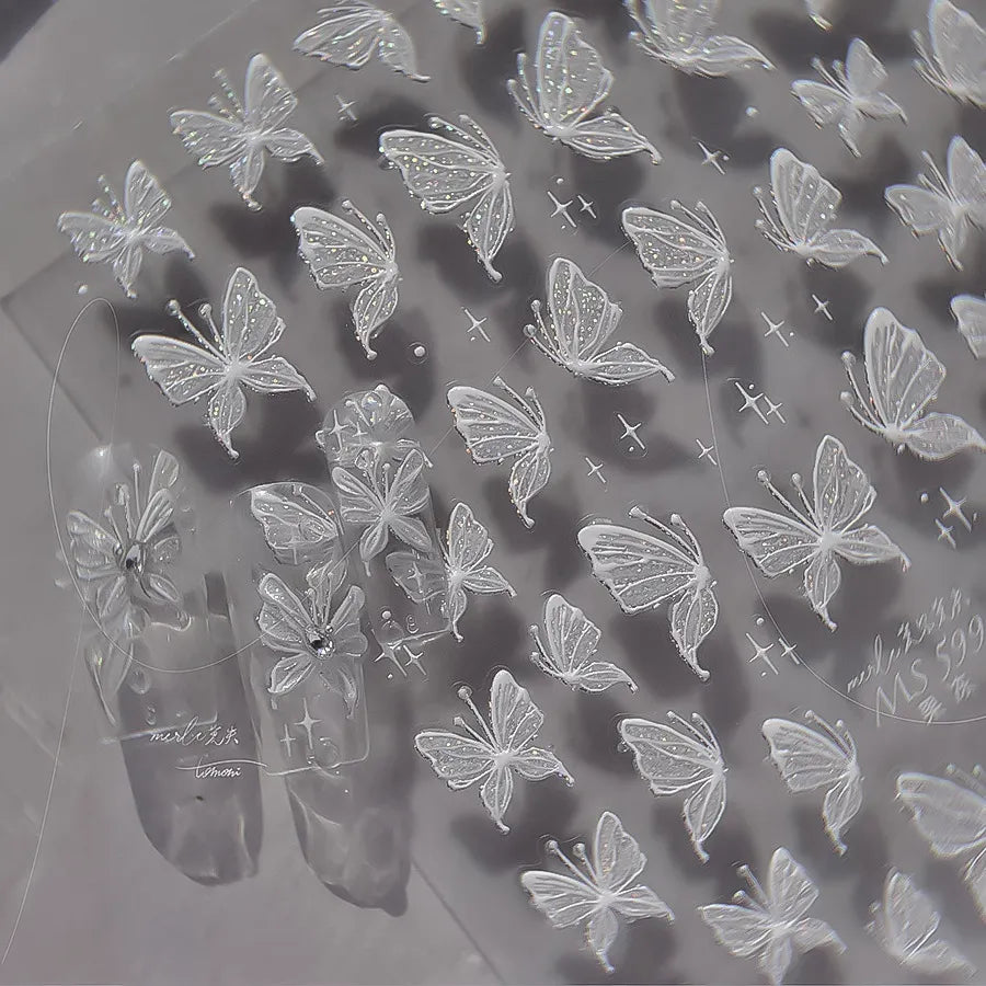 White Butterfly Nail Art Stickers Jelly Butterfly Wings Adhesive Embossed Sticker Decals MS599
