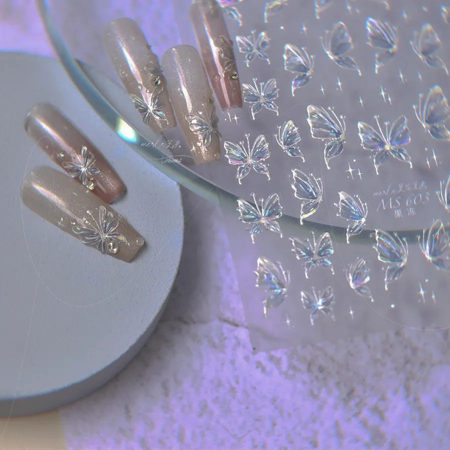 White Butterfly Nail Art Stickers Jelly Butterfly Wings Adhesive Embossed Sticker Decals MS603