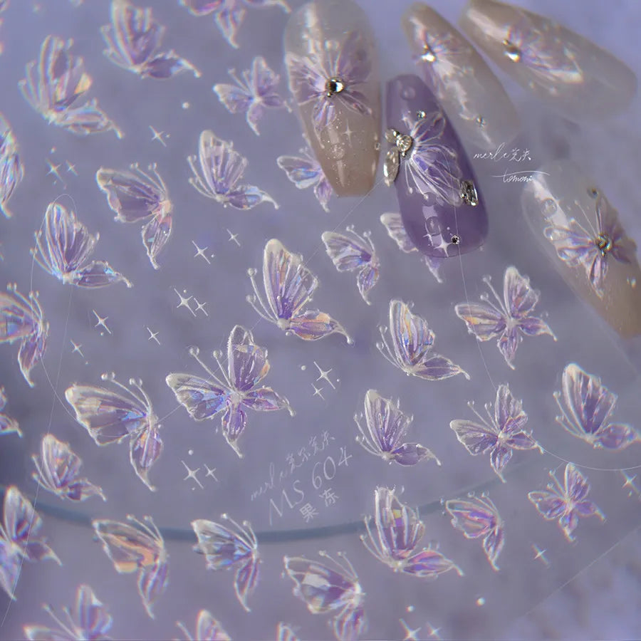 White Butterfly Nail Art Stickers Jelly Butterfly Wings Adhesive Embossed Sticker Decals MS604