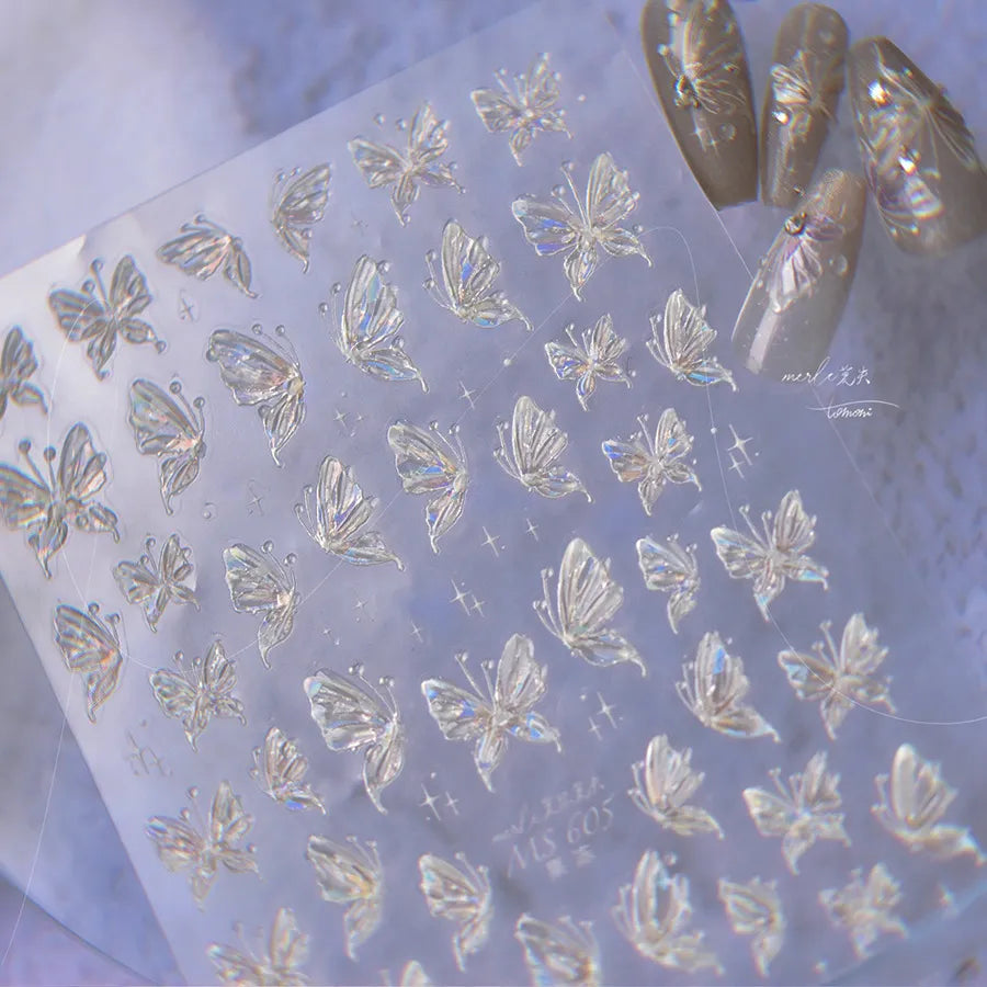 White Butterfly Nail Art Stickers Jelly Butterfly Wings Adhesive Embossed Sticker Decals MS605